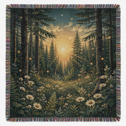 Personalized enchanted forest sunburst woven blanket with wildflowers and multicolor fringe