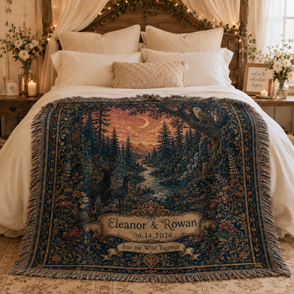 Personalized enchanted forest wedding woven blanket styled across a romantic bedroom bed