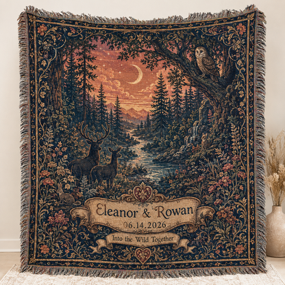 Personalized enchanted forest wedding woven blanket with custom couple names and date