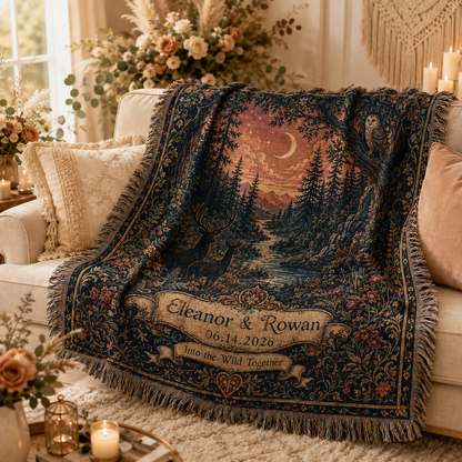 Personalized enchanted forest wedding woven blanket softly draped on a neutral sofa