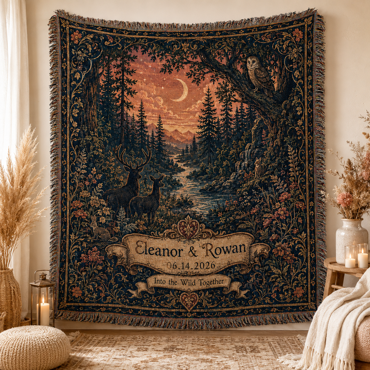 Personalized enchanted forest wedding woven blanket displayed as romantic wall decor