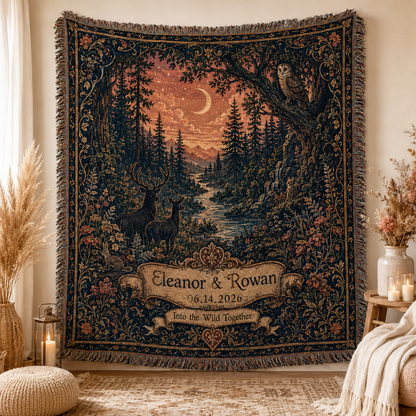 Personalized enchanted forest wedding woven blanket displayed as romantic wall decor