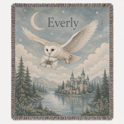 Personalized enchanted owl woven blanket with moonlit castle, lake and fringe