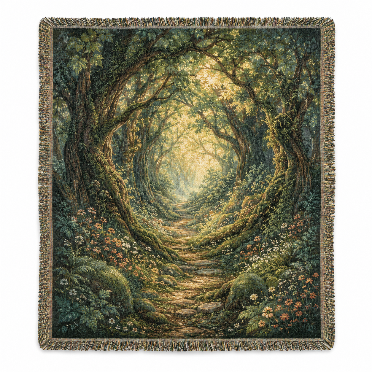 Enchanted woodland path woven blanket with mossy trees, wildflowers and multicolor fringe
