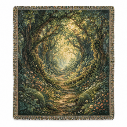 Enchanted woodland path woven blanket with mossy trees, wildflowers and multicolor fringe
