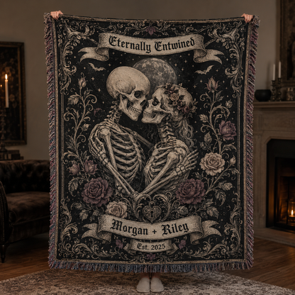 Personalized gothic skeleton couple woven blanket with custom names and established year
