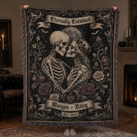 Personalized gothic skeleton couple woven blanket with custom names and established year