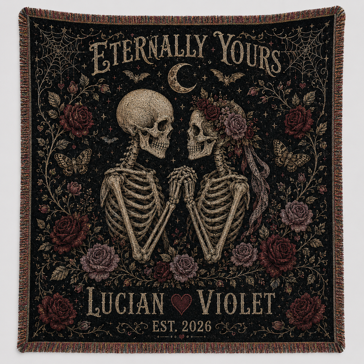 Personalized Eternally Yours gothic skeleton couple woven blanket with roses and fringe