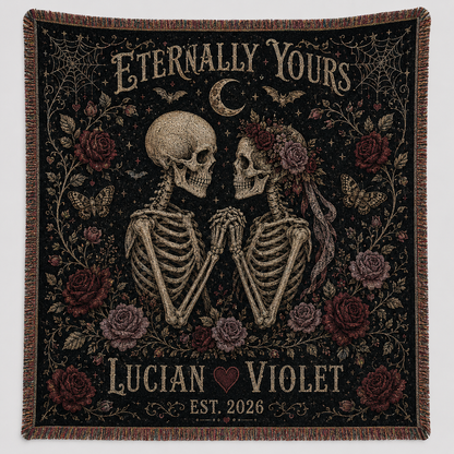 Personalized Eternally Yours gothic skeleton couple woven blanket with roses and fringe