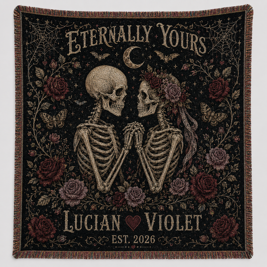 Personalized Eternally Yours gothic skeleton couple woven blanket with roses and fringe