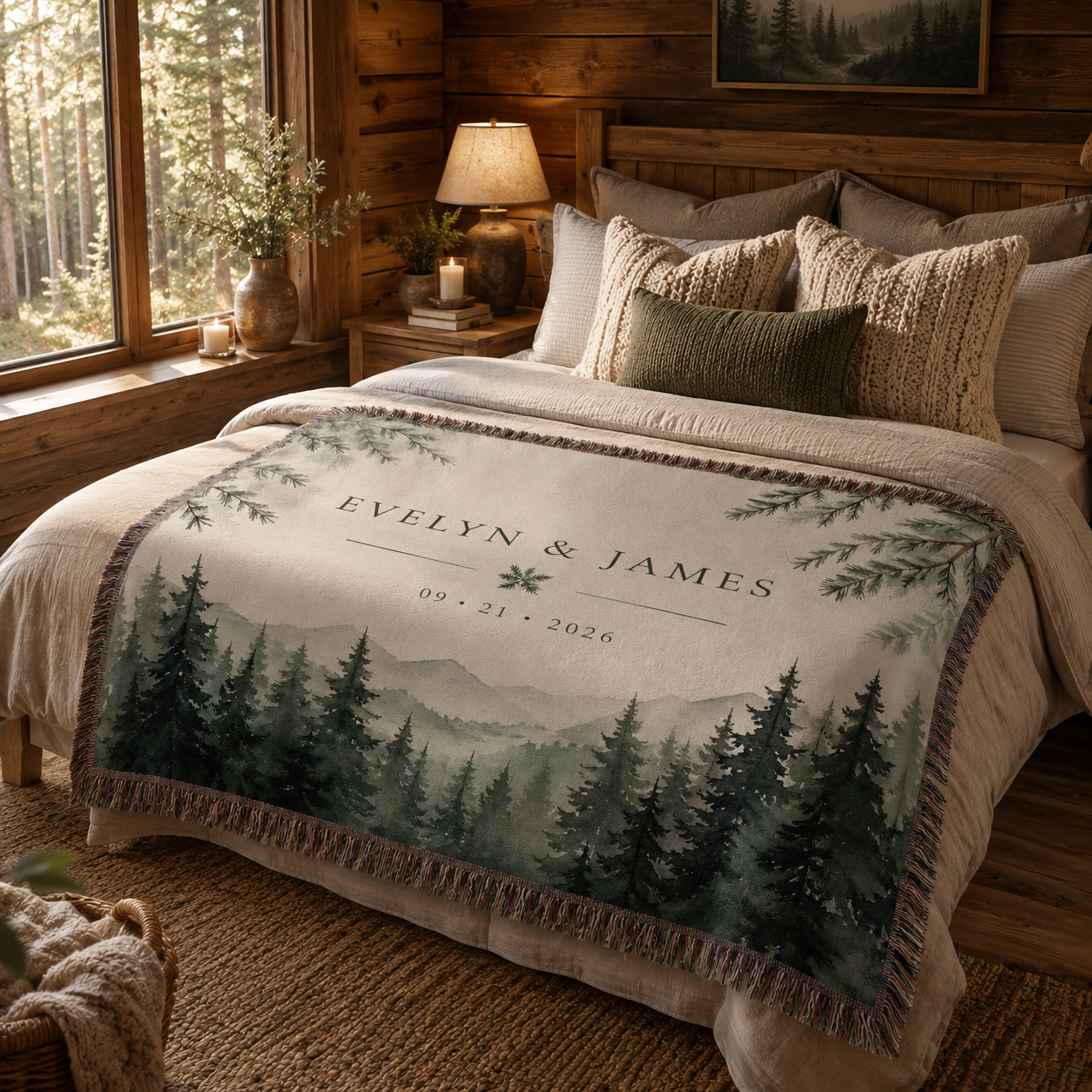 Personalized evergreen mountain woven blanket styled on a rustic cabin bedroom bed
