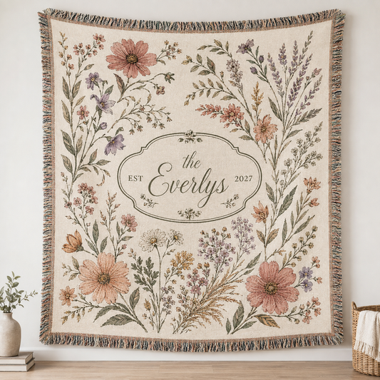 Personalized botanical wedding woven blanket with The Everlys and EST 2027