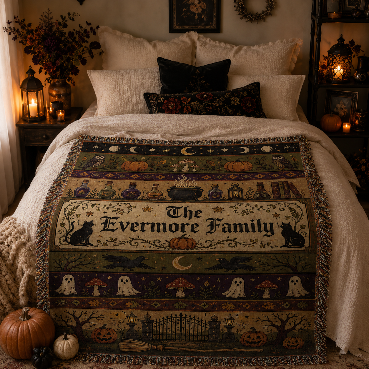 Personalized Evermore Family Halloween woven blanket displayed across a moody autumn bedroom with lanterns and pumpkins