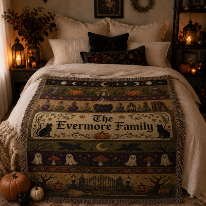 Personalized Evermore Family Halloween woven blanket displayed across a moody autumn bedroom with lanterns and pumpkins