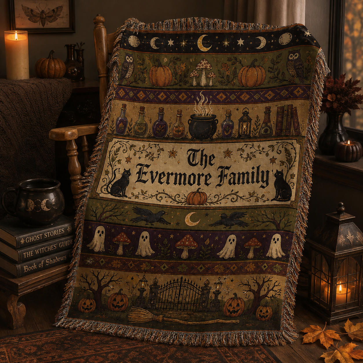 Personalized Evermore Family Halloween woven blanket draped over a wooden chair in a cozy gothic autumn reading nook