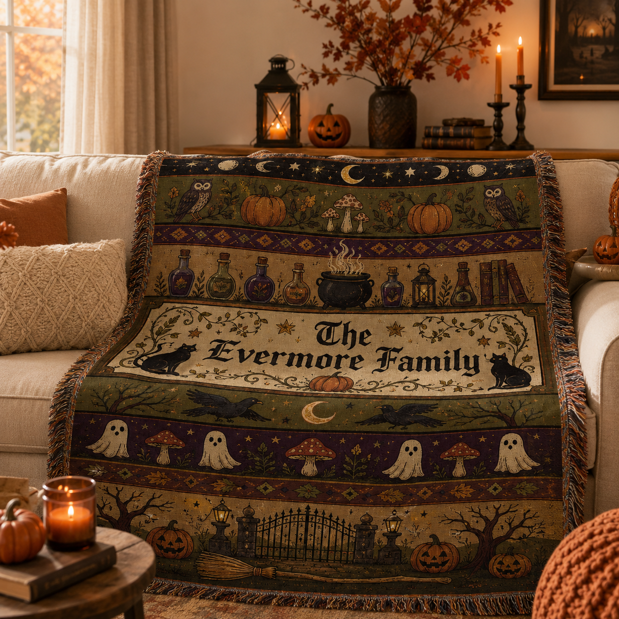 Personalized Evermore Family Halloween woven blanket styled on a cozy autumn sofa with candles and pumpkins