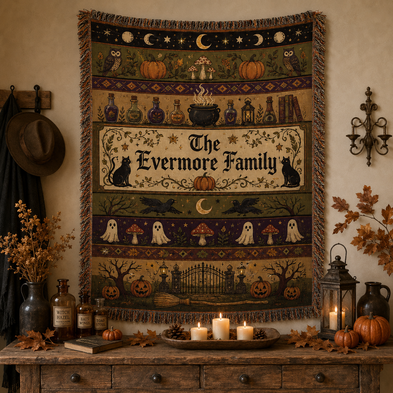 Personalized Evermore Family Halloween woven blanket displayed as cottagecore wall tapestry with candles, lanterns and pumpkins