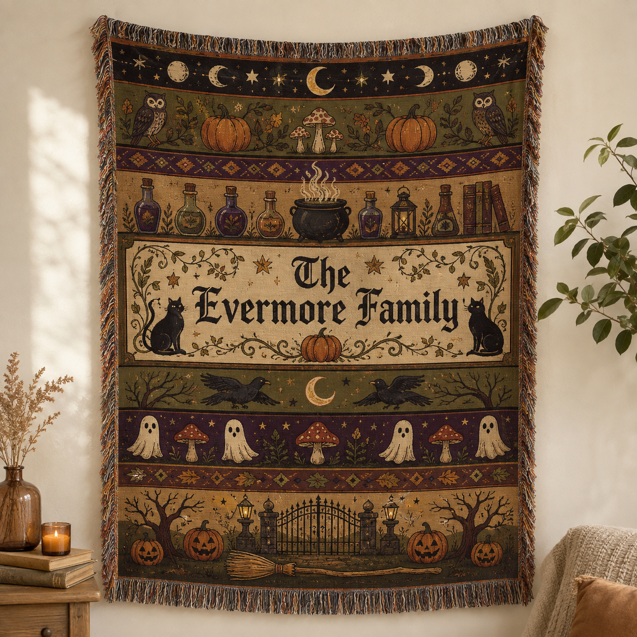 Personalized Evermore Family Halloween woven blanket with owls, pumpkins, potions, black cats, ghosts, ravens and moon phases