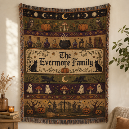 Personalized Evermore Family Halloween woven blanket with owls, pumpkins, potions, black cats, ghosts, ravens and moon phases