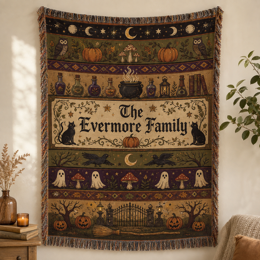 Personalized Evermore Family Halloween woven blanket with owls, pumpkins, potions, black cats, ghosts, ravens and moon phases