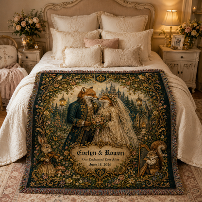 Personalized fairytale fox wedding woven blanket styled across a romantic bedroom bed