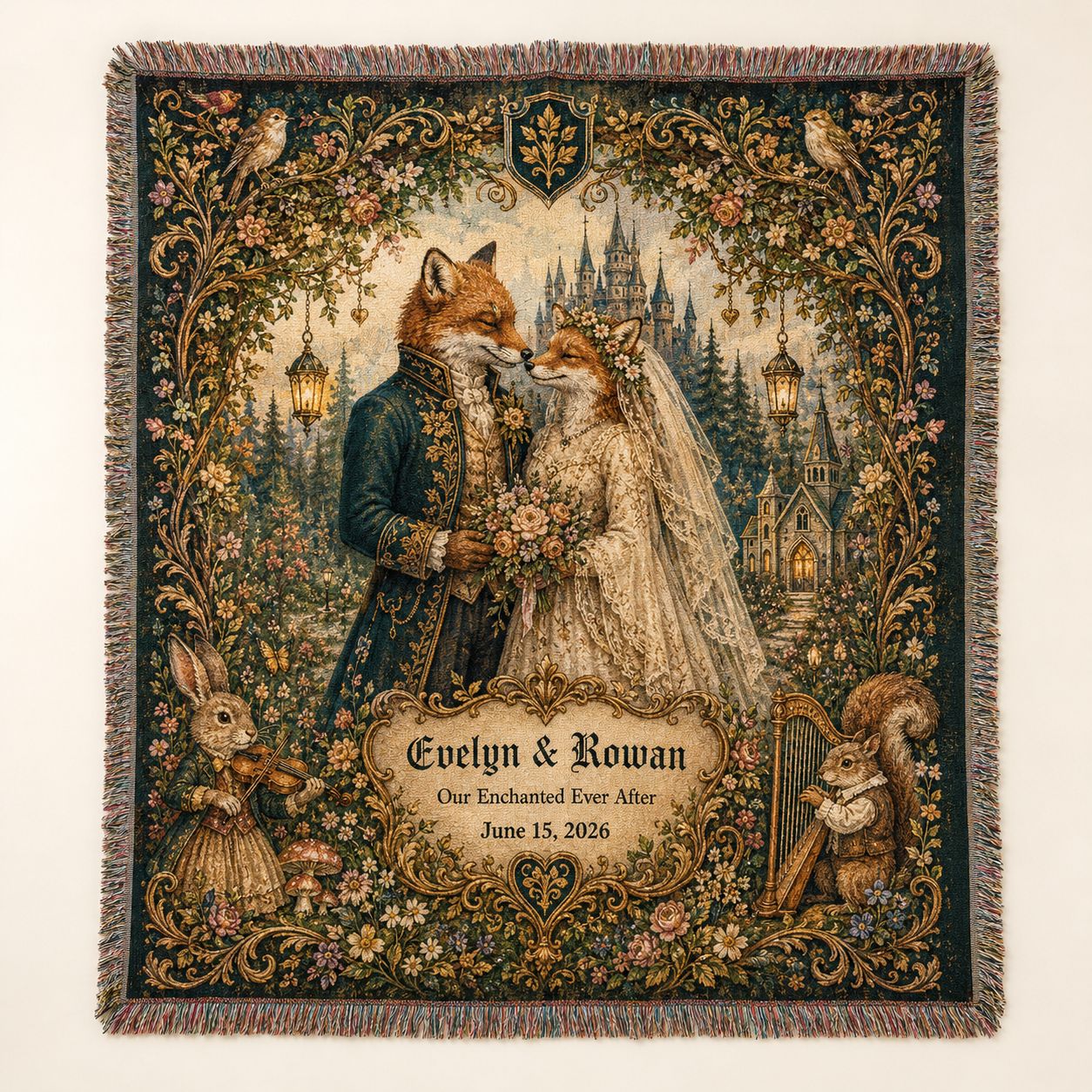 Personalized fairytale fox wedding woven blanket with Evelyn and Rowan names and date