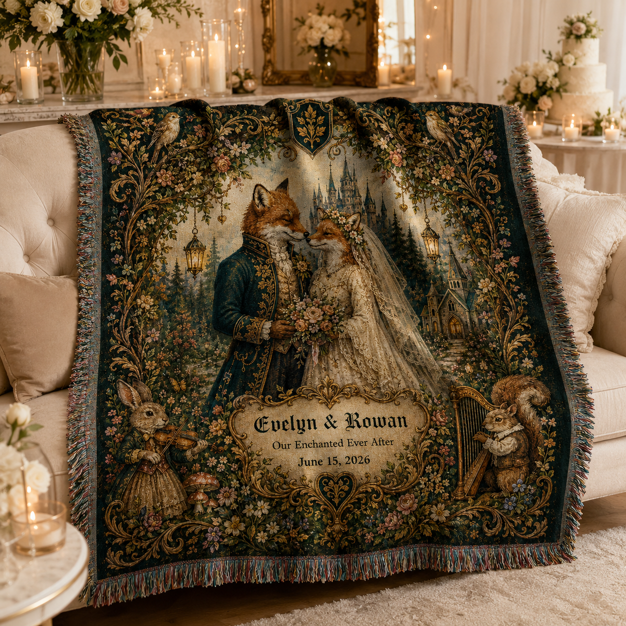 Personalized fairytale fox wedding woven blanket softly draped on an elegant sofa