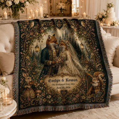Personalized fairytale fox wedding woven blanket softly draped on an elegant sofa