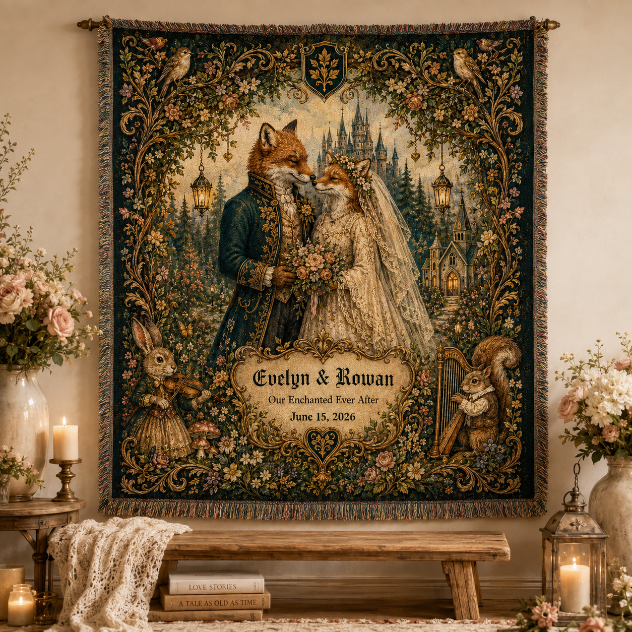 Personalized fairytale fox wedding woven blanket displayed as romantic wall decor