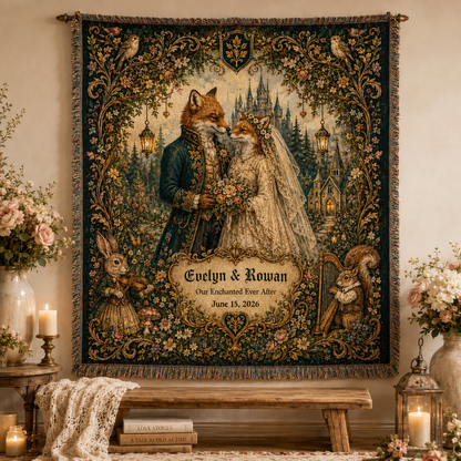 Personalized fairytale fox wedding woven blanket displayed as romantic wall decor