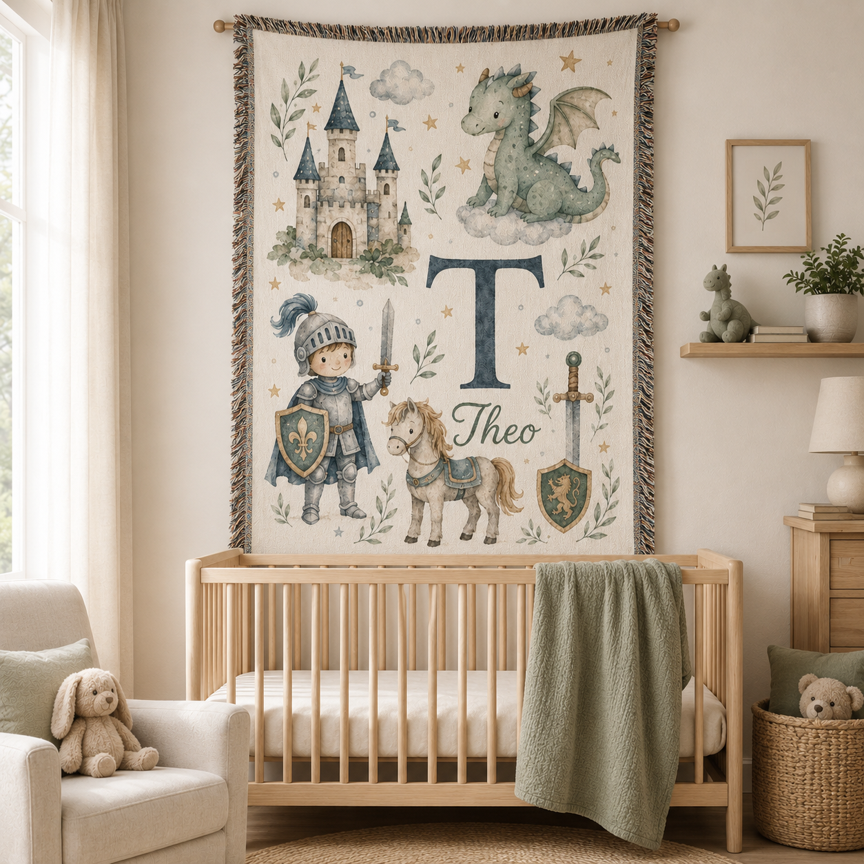 Personalized fairytale woven tapestry blanket with dragon castle knight and custom name