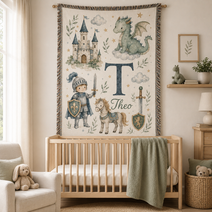 Personalized fairytale woven tapestry blanket with dragon castle knight and custom name