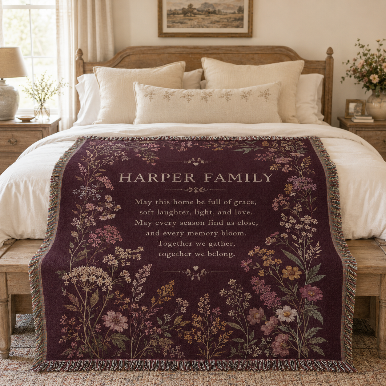 Personalized family blessing woven blanket displayed across a cottage bed