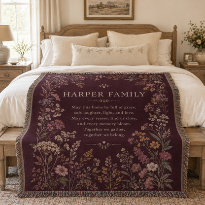 Personalized family blessing woven blanket displayed across a cottage bed