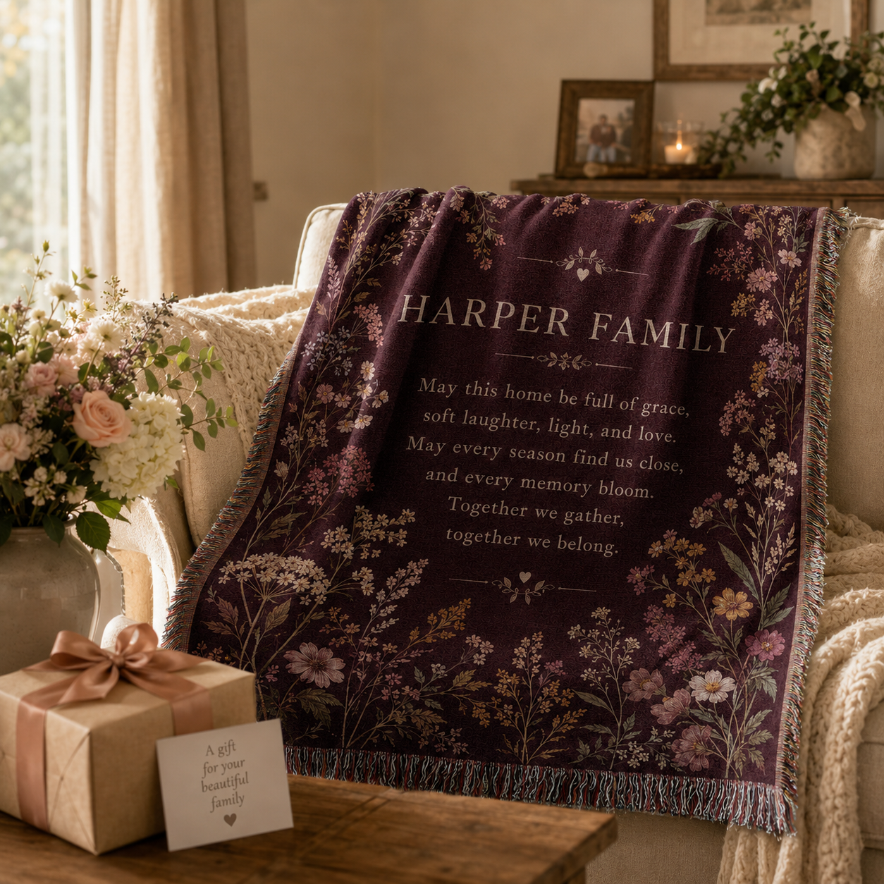 Personalized family blessing woven blanket presented as a meaningful gift