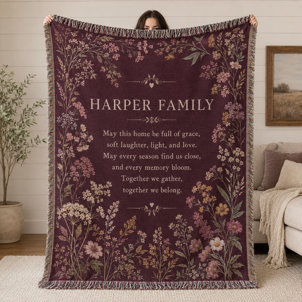 Personalized family blessing woven blanket with burgundy wildflower design