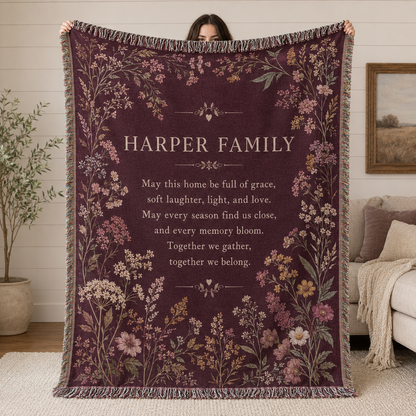 Personalized family blessing woven blanket with burgundy wildflower design
