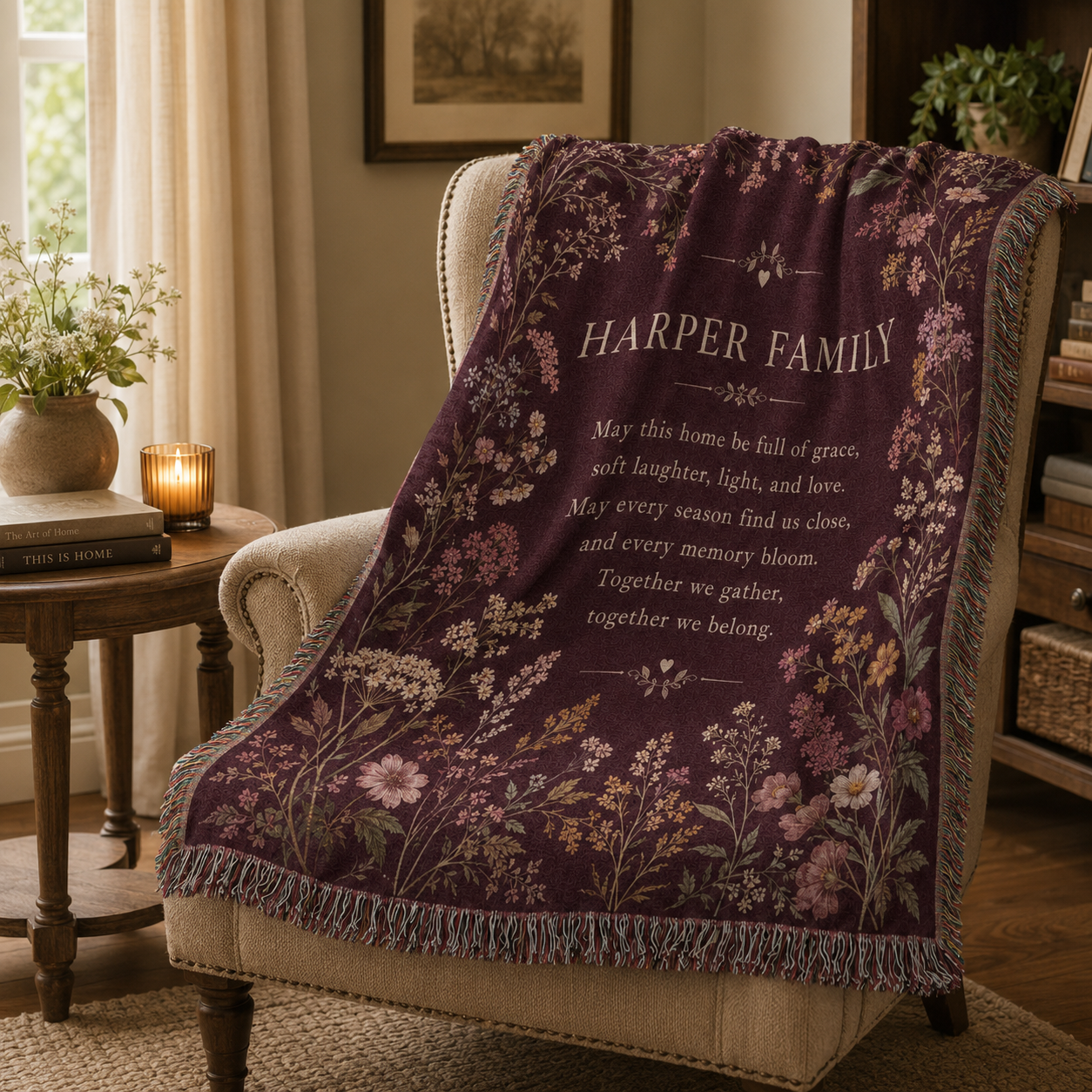 Personalized family blessing woven blanket in a warm reading nook
