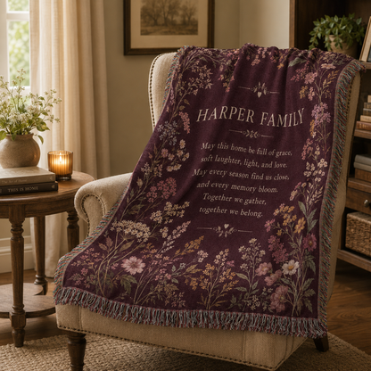 Personalized family blessing woven blanket in a warm reading nook