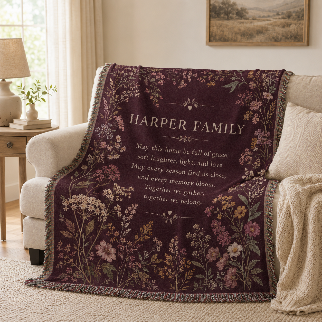 Personalized family blessing woven blanket styled on a cream sofa
