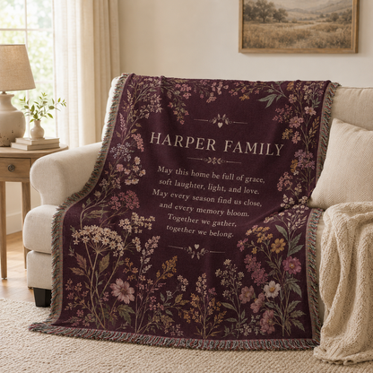 Personalized family blessing woven blanket styled on a cream sofa