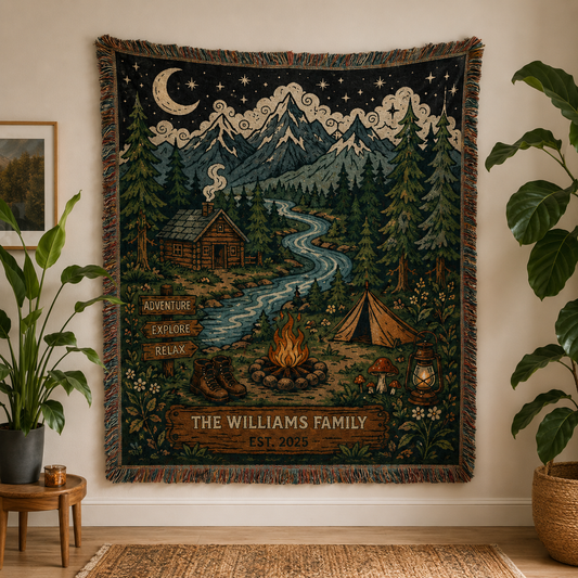 Personalized family camping woven blanket with mountain, river, pine forest, cabin, campfire and custom family name