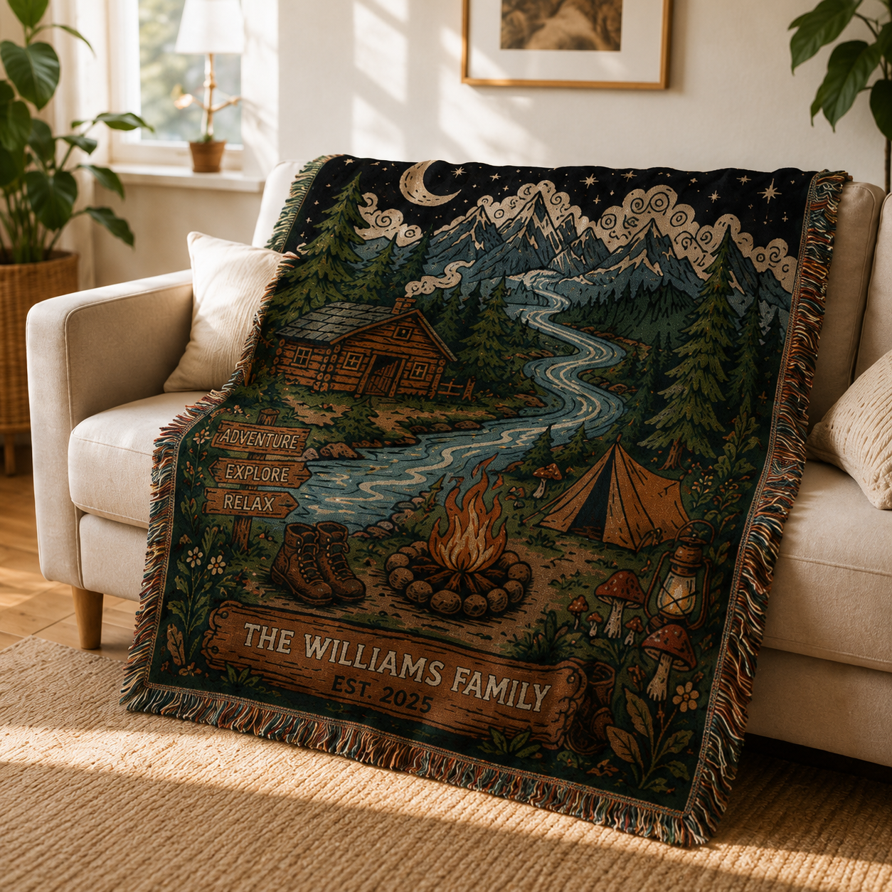 Personalized family camping woven blanket draped over a cream sofa in a warm living room