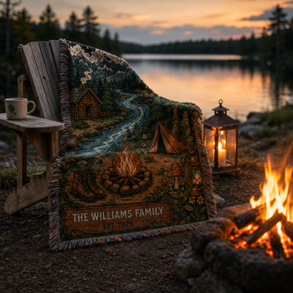 Personalized family camping woven blanket on a rustic chair beside a lake at sunset