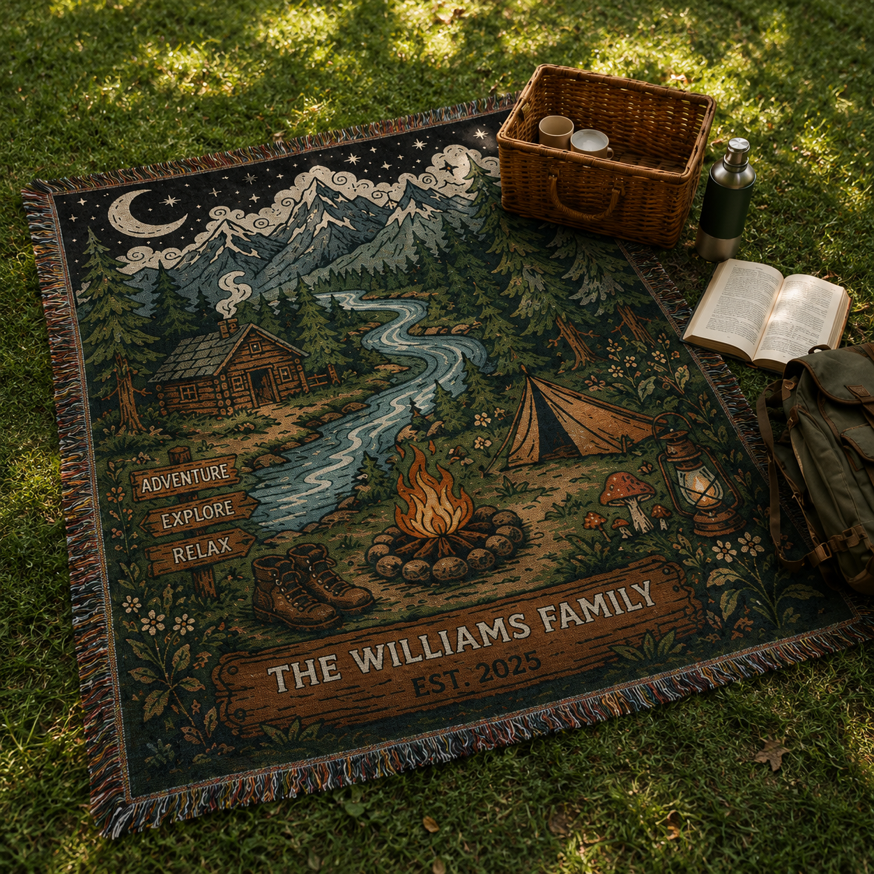 Personalized family camping woven blanket spread on grass for an outdoor picnic with basket and book