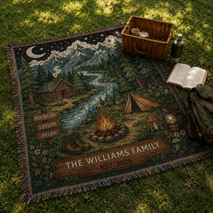 Personalized family camping woven blanket spread on grass for an outdoor picnic with basket and book