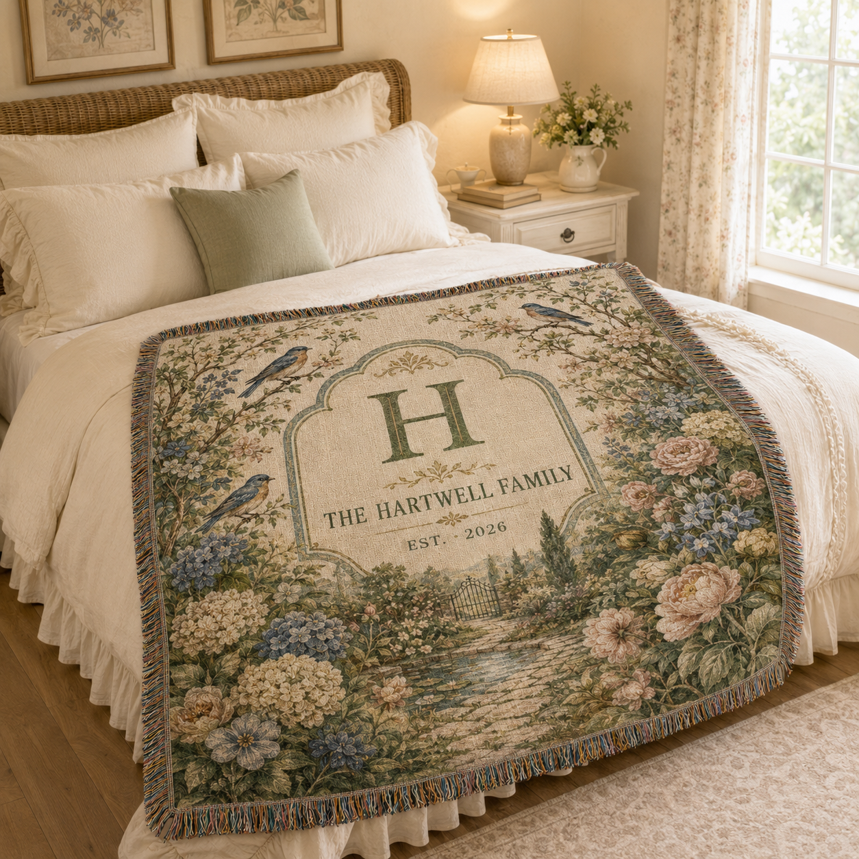 Personalized family monogram woven blanket displayed in a cozy cottage bedroom
