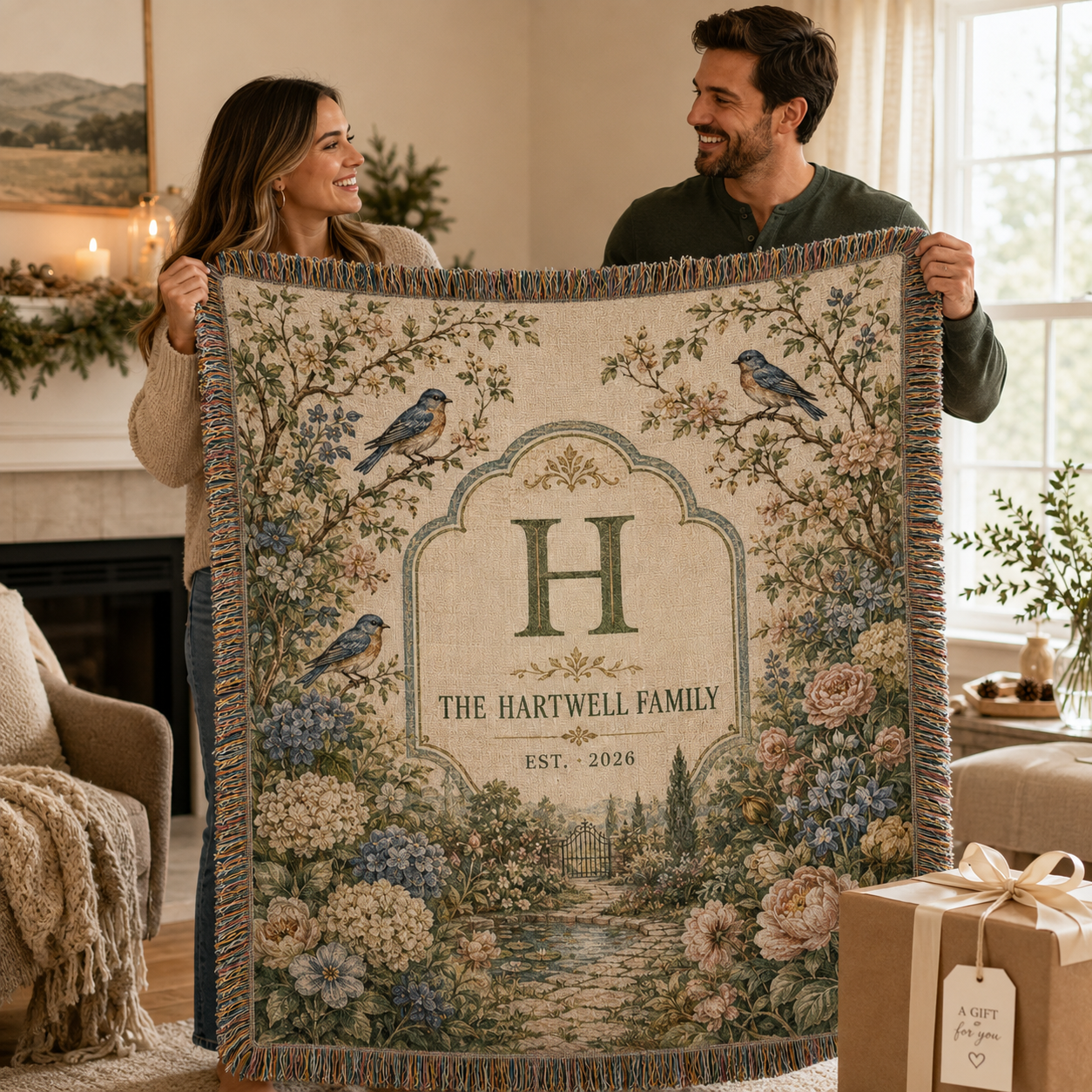 Couple holding a personalized family garden woven blanket as a housewarming gift