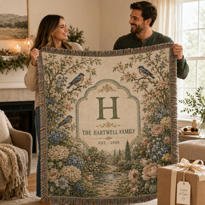 Couple holding a personalized family garden woven blanket as a housewarming gift
