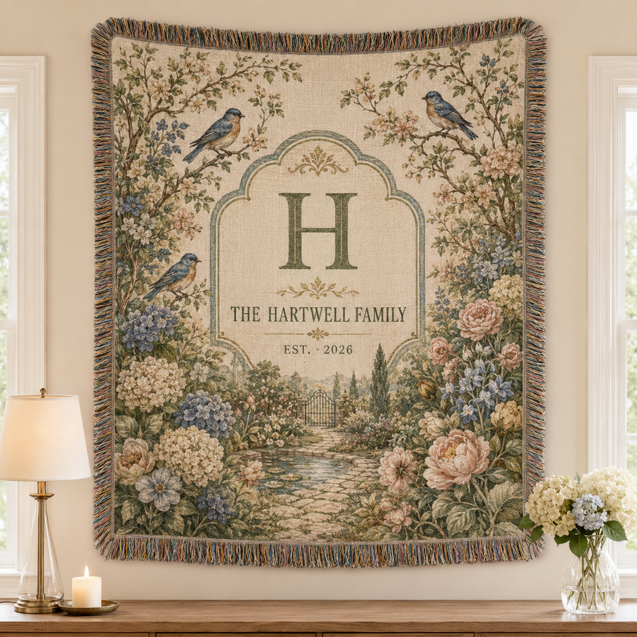 Personalized family garden woven blanket with monogram, birds, flowers and fringe